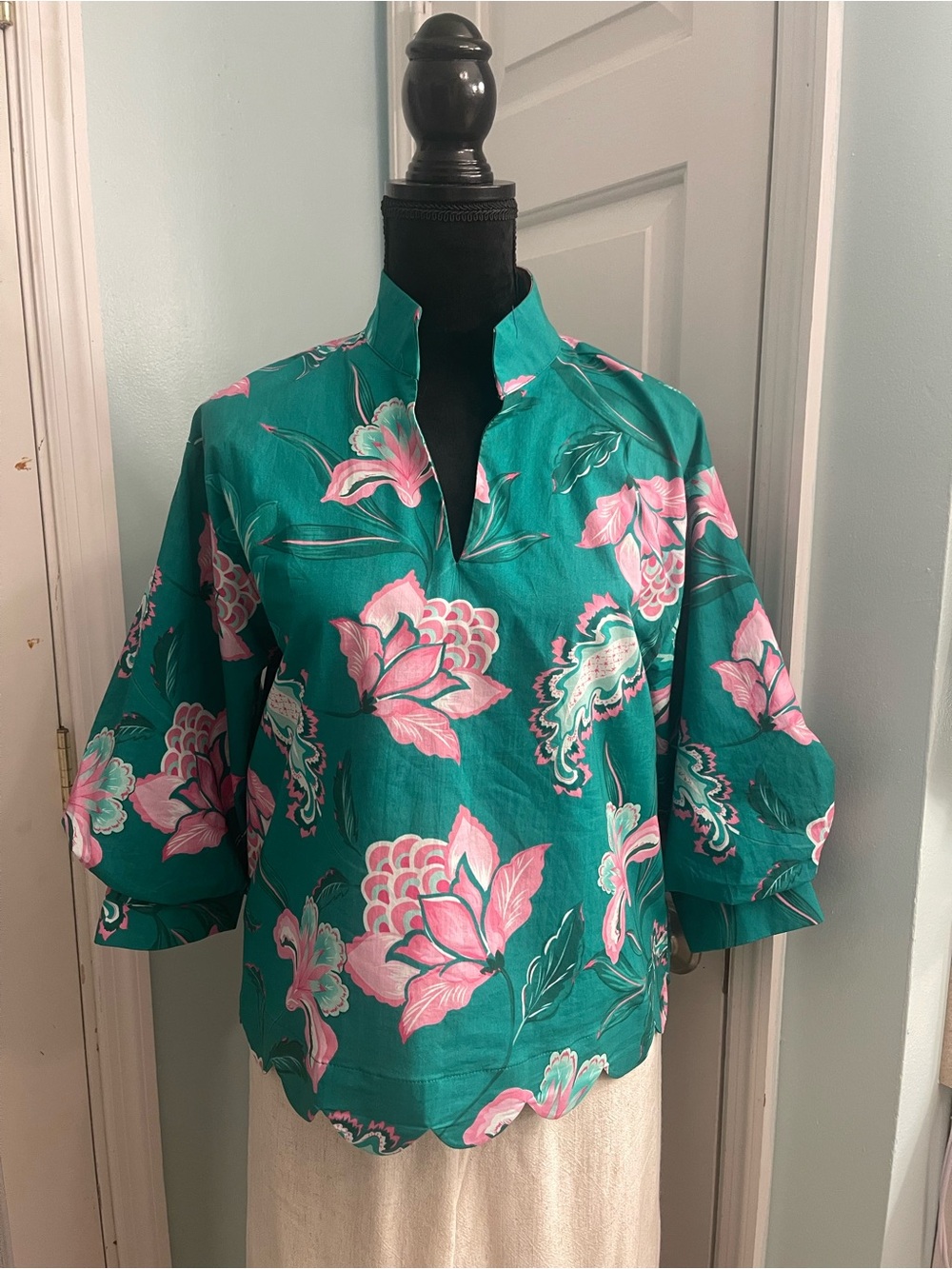 entro Teal Floral Split-Neck Tunic with Pink Blooms